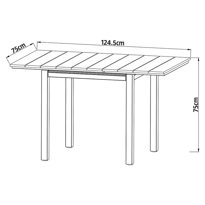 Sunfun Maja Gartentisch - L x B x H: 75 x 74,5 x 75 cm, Aluminium, Polywood, Night-Grey, Ausziehbar - Rechteckiger Lattenrost-Tisch, L124,5cm x B75cm x H75cm.