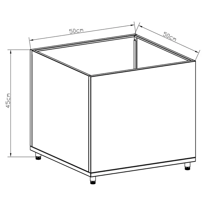 Sunfun Lumar Pflanzkübel eckig - Außenmaß (L x B x H): 50 x 50 x 45 cm, Stahl, Night-Grey - Darstellung einer quadratischen Aufbewahrungsbox mit den Maßen 50x50x45cm, ideal für stilvolle Ordnungslösungen im Wohnbereich.