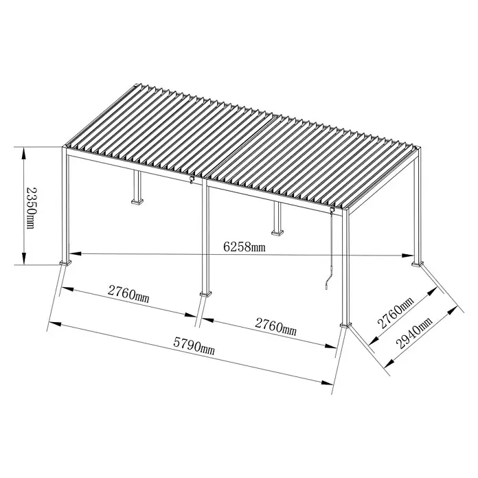 Sunfun Milos Pergola - B x T: 579 x 294 cm, Farbe Gestell: Night-Grey, Aluminium - Abbildung einer Pergola mit Maßen. Die Pergola hat ein Lamellendach und Stützpfosten mit quadratischen Füßen.