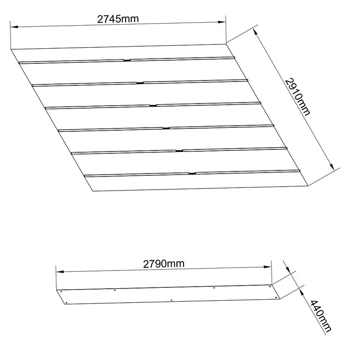 Sunfun Techo de repuesto Kreta - Específico para: Sunfun Pérgola con toldo corredero Kreta 333 x 318 cm - Vista superior y lateral de una cubierta de madera rectangular con dimensiones.