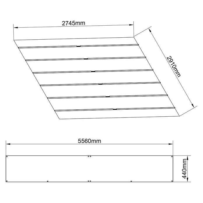 Sunfun Techo de repuesto Kreta - Específico para: Sunfun Pérgola con toldo corredero Kreta 333 x 596 cm - Un diagrama técnico que muestra un producto con forma trapezoidal, con medidas de 2745 mm, 2910 mm y 5560 mm, y una altura de 440 mm.