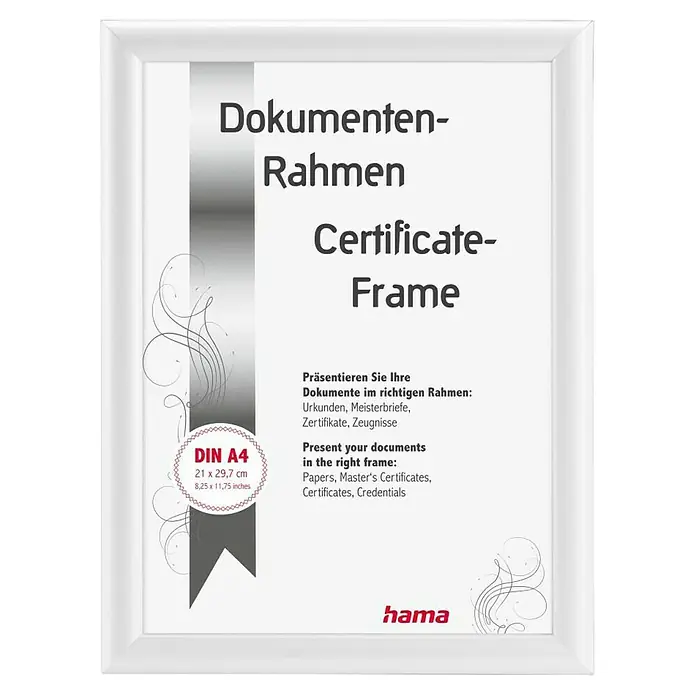 Hama Kunststoffrahmen Swing - DIN A4 (21 x 29,7cm), Weiß - Weißer DIN A4 Zertifikatsrahmen zum Präsentieren von Dokumenten und Urkunden.