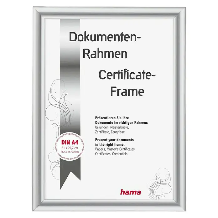 Hama Kunststoffrahmen Swing - DIN A4 (21 x 29,7cm), Silber - Silberner Hama Dokumentenrahmen für DIN A4 Urkunden.