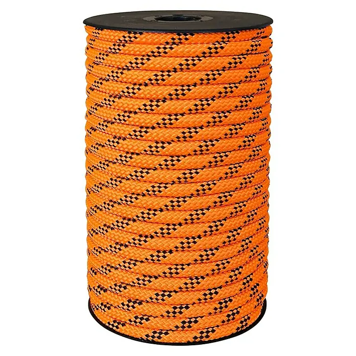 Cabo de amarre Platinum - Ø x L: 8 mm x 25 m, Poliéster, Naranja/Negro - Una cuerda de escalada naranja sobre una bobina negra, perfecta para alpinistas y aventuras al aire libre.