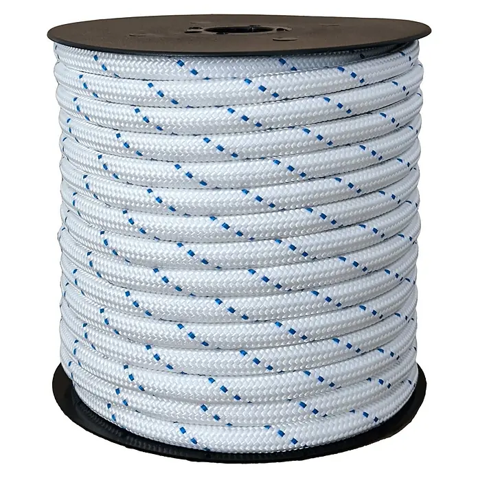 Cuerda - 10 mm x 25 m, Poliéster, Blanco/Azul, Carga soportada: 350 kg - Bobina grande de cuerda trenzada blanca con detalles azules, ideal para diversas aplicaciones.