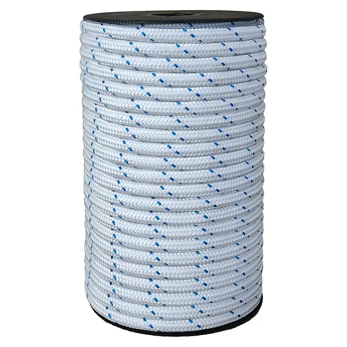 Cuerda - 8 mm x 25 m, Poliéster, Blanco/Azul, Carga soportada: 350 kg - Una imagen de carrete de cuerda blanca con marcas azules. Cuerda resistente y duradera para una variedad de usos.