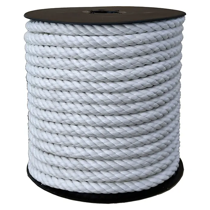 Cuerda - 10 mm x 25 m, Poliéster, Blanco, Carga soportada: 523 kg - Cuerda sintética blanca enrollada en una bobina negra. Ideal para diversas aplicaciones en interiores y exteriores.