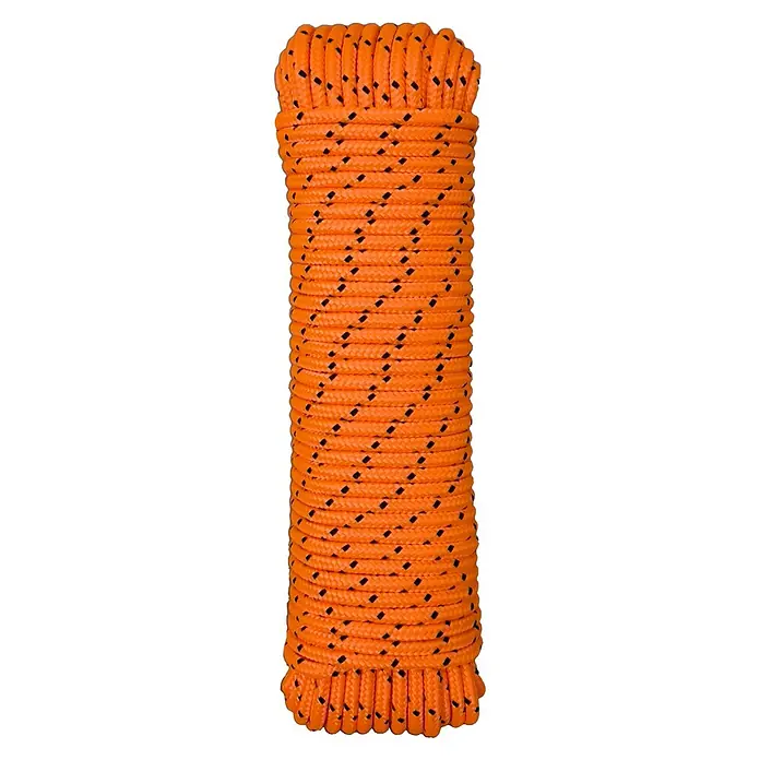 Cuerda - 2 mm x 10 m, Poliéster, Naranja/Negro, Carga soportada: 350 kg - Una cuerda naranja fuertemente enrollada con detalles en negro, enrollada y lista para guardar. Perfecto para actividades al aire libre.