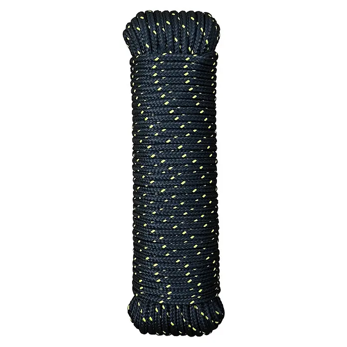 Cuerda - 2 mm x 25 m, Poliéster, Negro/Amarillo, Carga soportada: 350 kg - Primer plano de una cuerda de escalada negra con marcadores amarillos. La cuerda está enrollada firmemente, mostrando su robusta composición.