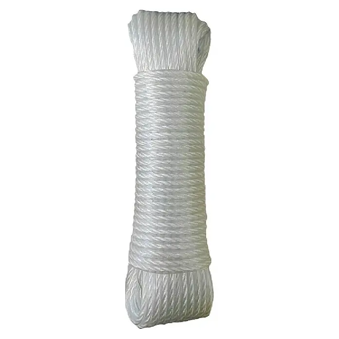 Cuerda - 5 mm x 25 m, Plástico, Blanco, Carga soportada: 200 kg - Primer plano de un rollo de cuerda de nailon blanco trenzado resistente, ideal para diversas aplicaciones que requieren resistencia.