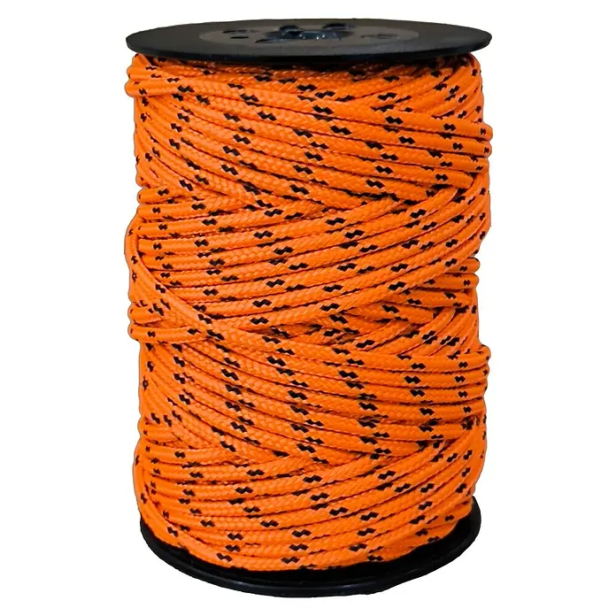 Cuerda - 3 mm x 50 m, Poliéster, Naranja/Negro - Bobina de cuerda naranja decorada con pequeños patrones negros, sobre un fondo negro.