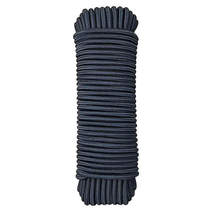 Cordón elástico madeja - Ø x L: 6 mm x 25 m, Negro - Primer plano de una goma elástica redonda azul enrollada. Ideal para proyectos de bricolaje, ropa y manualidades.