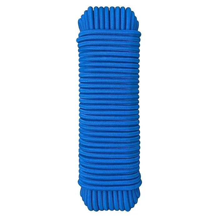 Cordón elástico madeja - Ø x L: 6 mm x 25 m, Azul - Cuerda elástica azul enrollada. La cuerda está enrollada cuidadosamente, mostrando su textura y color azul vibrante. Ideal para varias aplicaciones.