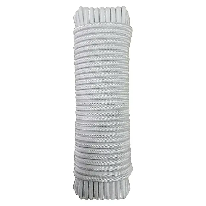 Cordón elástico madeja - Ø x L: 6 mm x 25 m, Blanco - Primer plano de hilo de coser blanco, elástico y fruncido, enrollado firmemente, mostrando su textura. Ideal para manualidades y prendas.
