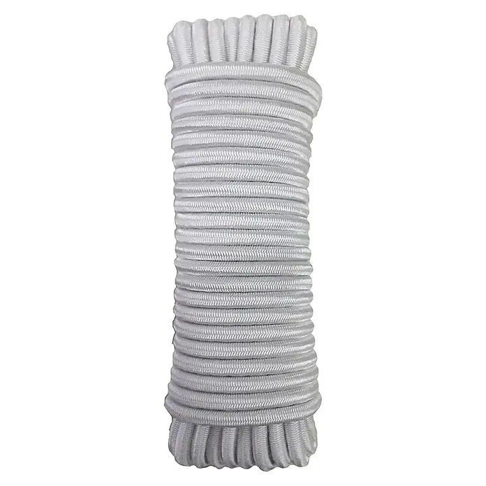 Cordón elástico madeja - Ø x L: 6 mm x 10 m, Blanco - Una vista detallada de una bobina de cordón elástico plateado, ideal para diversos proyectos de manualidades y costura.