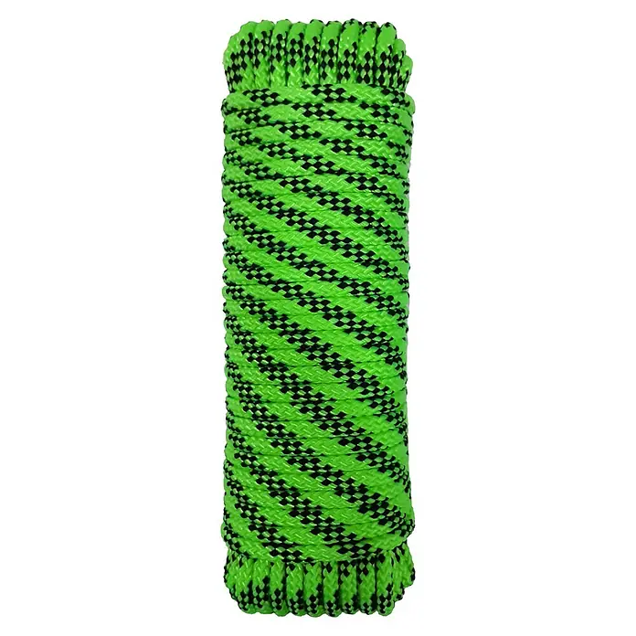 Cabo de amarre - Ø x L: 6 mm x 25 m, Poliéster, Verde/Negro - Primer plano de una cuerda de escalada verde neón con un patrón negro. La cuerda está enrollada, mostrando su robusta textura para el montañismo.