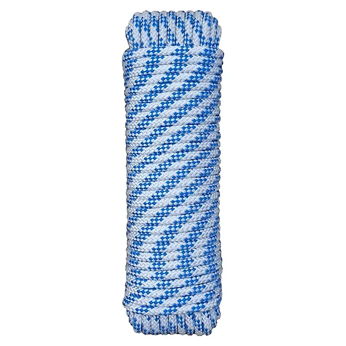Cabo de amarre - Ø x L: 6 mm x 25 m, Poliéster, Blanco/Azul - Primer plano de una cuerda blanca con patrón azul, enrollada y apilada, que presenta una textura robusta y un diseño en espiral.