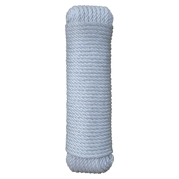 Cuerda - 6 mm x 25 m, Poliéster, Blanco, Carga soportada: 523 kg - Primer plano de un carrete de cuerda blanca retorcida, ideal para diversos proyectos de artesanía y decoración.