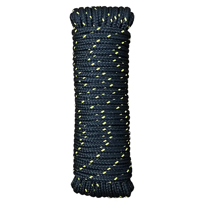 Cuerda - 2 mm x 10 m, Poliéster, Negro/Amarillo, Carga soportada: 350 kg - Imagen de una cuerda enrollada de color oscuro con detalles amarillos, que ofrece una textura resistente para diversas necesidades.