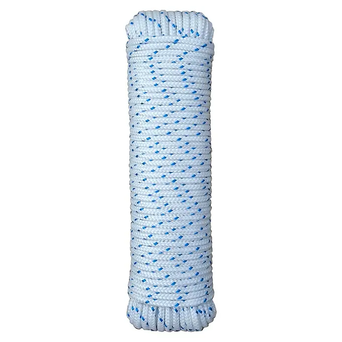 Cuerda - 5 mm x 10 m, Poliéster, Blanco/Azul, Carga soportada: 350 kg - Imagen de alta resolución de un rollo de cuerda blanca con detalles azules, ideal para catálogos de productos o guías de bricolaje.