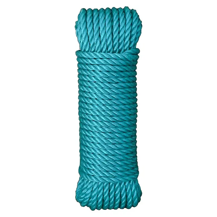 Cuerda - 5 mm x 10 m, Plástico, Verde, Carga soportada: 260 kg - Primer plano de un carrete de cuerda turquesa, mostrando su robusta textura y sus estrechos giros. Ideal para decoración náutica y manualidades.