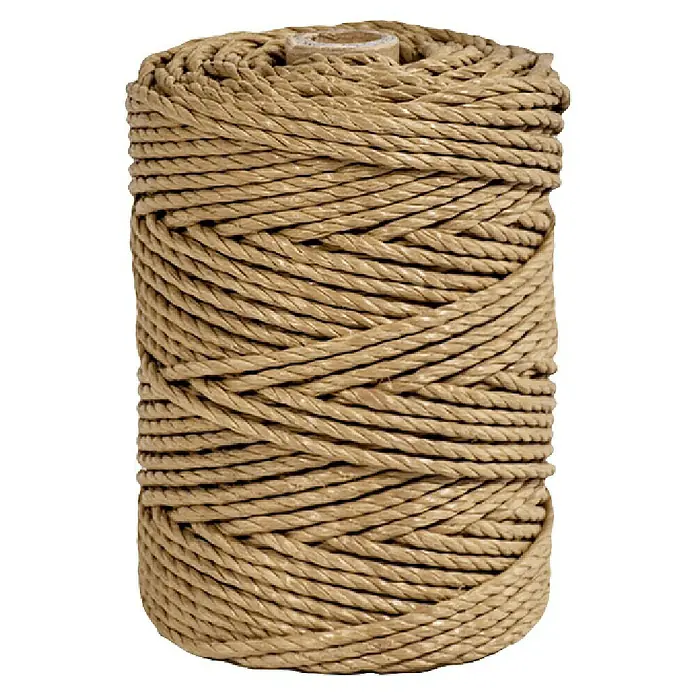 Cuerda - 3,5 mm x 675 m, Plástico, Beige, Carga soportada: 100 kg - Primer plano de un carrete de cuerda de polipropileno beige trenzada, utilizada para manualidades y embalaje, ofreciendo resistencia y flexibilidad.