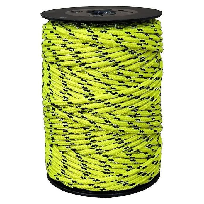 Cuerda - 3 mm x 50 m, Poliéster, Amarillo/Negro - Un rollo de cuerda amarilla brillante con detalles negros enrollado en una bobina negra. La cuerda está apretada y enrollada de forma ordenada.