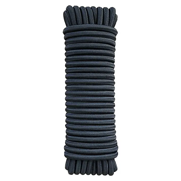 Cordón elástico madeja - Ø x L: 6 mm x 10 m, Negro - Detalle de una cuerda elástica negra enrollada, conocida por su elasticidad y resistencia. Ideal para aplicaciones versátiles y sujeción.