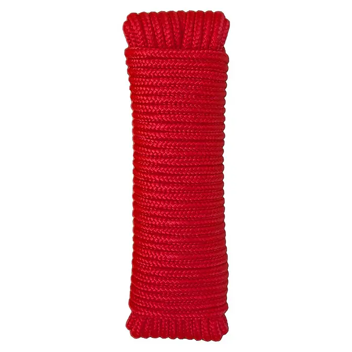 Cuerda - 5 mm x 10 m, Plástico, Rojo, Carga soportada: 300 kg - Primer plano de una cuerda roja enrollada que se puede utilizar para diversos propósitos. La cuerda es robusta y duradera.