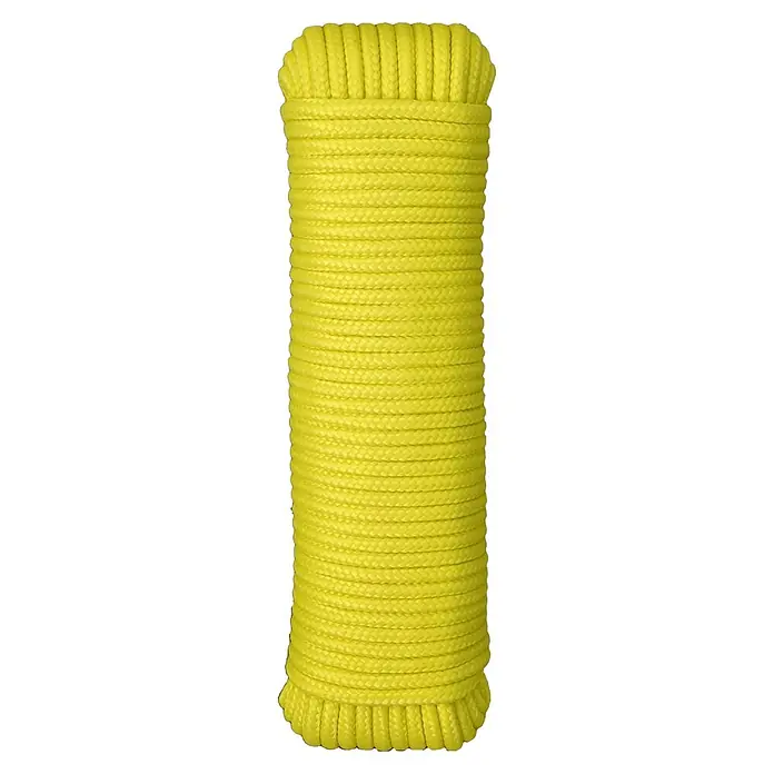 Cuerda - 5 mm x 25 m, Plástico, Amarillo, Carga soportada: 300 kg - Cuerda amarilla trenzada en un rollo. La cuerda está perfectamente enrollada y lista para diversas aplicaciones.