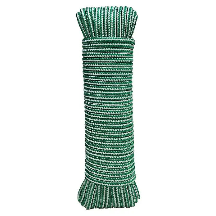 Cuerda - 4 mm x 25 m, Plástico, Verde/Blanco, Carga soportada: 200 kg - Primer plano de una cuerda de escalada verde y blanca, perfectamente enrollada. Ideal para aventuras al aire libre y escalada segura.