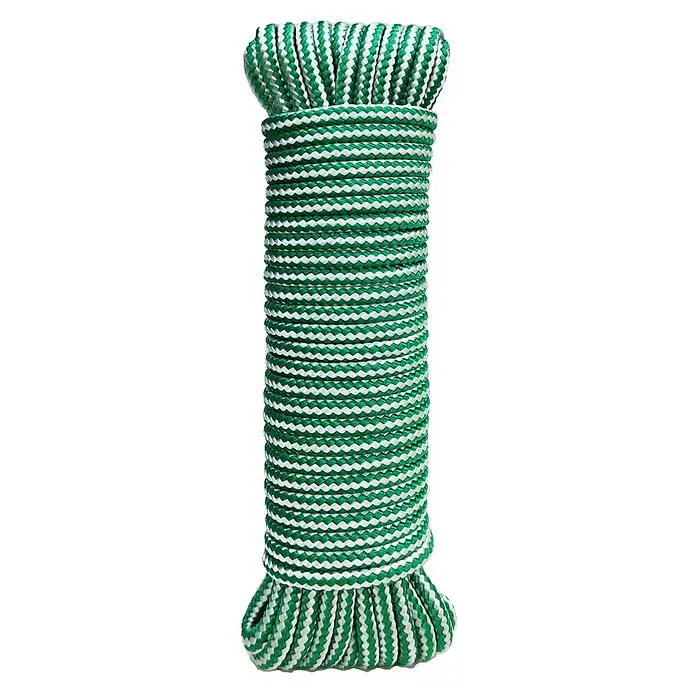 Cuerda - 4 mm x 10 m, Plástico, Verde/Blanco, Carga soportada: 200 kg - Un rollo bien apretado de cordón trenzado verde y blanco, ofreciendo una apariencia robusta y decorativa. Perfecto para manualidades.