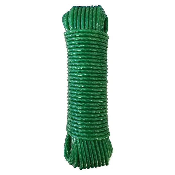 Cuerda - 5 mm x 25 m, Plástico, Verde, Carga soportada: 200 kg - Primer plano de una cuerda verde enrollada, ideal para diversas aplicaciones exteriores y artesanía.