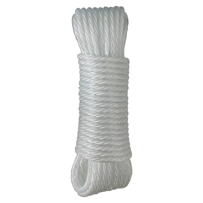 Cuerda - 5 mm x 10 m, Plástico, Blanco, Carga soportada: 200 kg - Primer plano de un rollo de cordón de nailon blanco, cuidadosamente enrollado y listo para diversas aplicaciones.