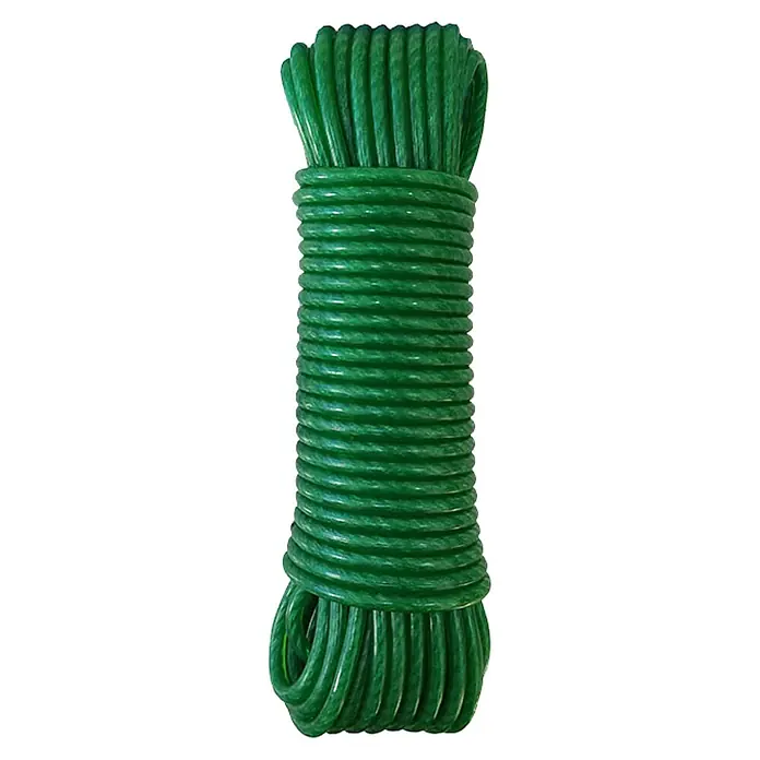 Cuerda - 5 mm x 10 m, Plástico, Verde, Carga soportada: 200 kg - Primer plano de un cable verde enrollado, ideal para jardinería o como accesorio versátil.