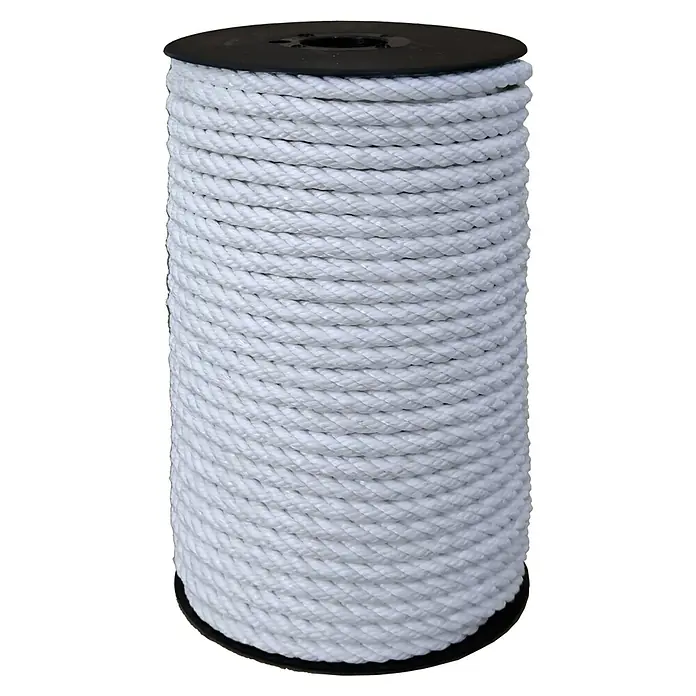 Cuerda - 8 mm x 25 m, Poliéster, Blanco, Carga soportada: 523 kg - Primer plano de un rollo de cuerda trenzada blanca perfectamente alineada sobre una bobina negra.