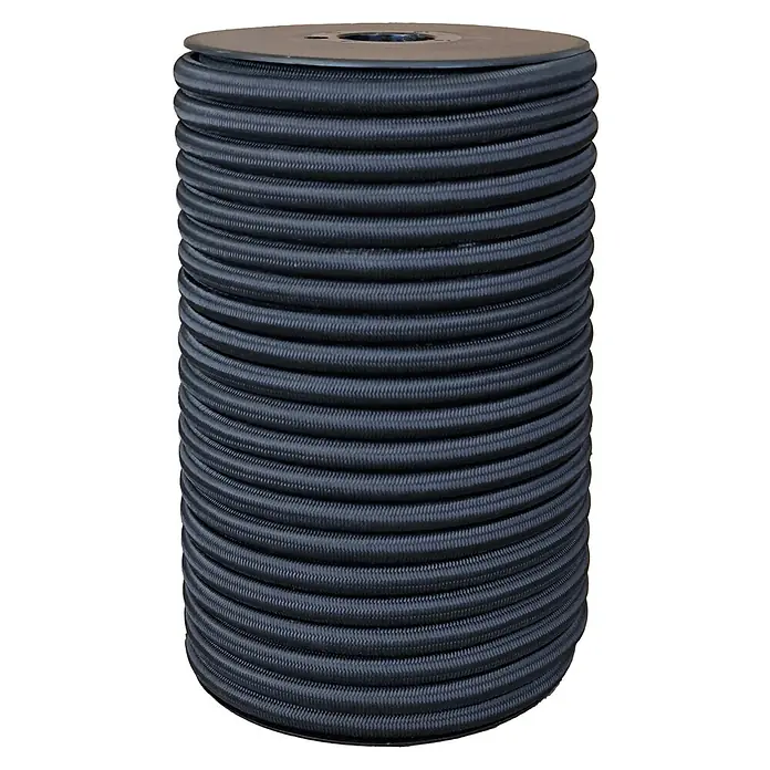 Cordón elástico bobina - Ø x L: 8 mm x 25 m, Negro - Una bobina de cuerda elástica azul marino, perfectamente enrollada, ideal para diversas aplicaciones artesanales y exteriores.