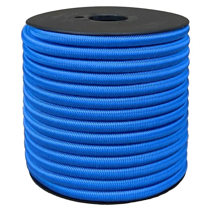 Cordón elástico bobina - Ø x L: 8 mm x 15 m, Azul - Un cable elástico azul en un carrete negro. El cable elástico está enrollado uniformemente y es claramente visible.