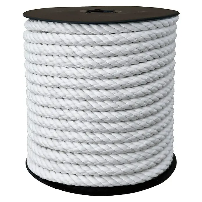 Cuerda - 10 mm x 25 m, Plástico, Blanco, Carga soportada: 960 kg - Primer plano de una bobina de cuerda de polipropileno blanca retorcida sobre un carrete negro, ideal para diversas aplicaciones.