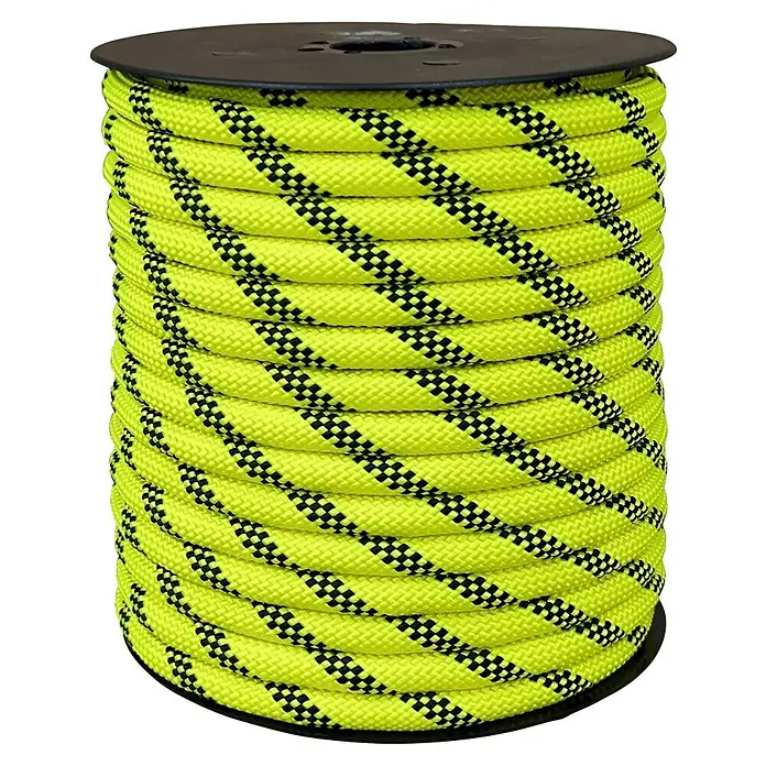Cabo de amarre Platinum - Ø x L: 10 mm x 25 m, Poliéster, Amarillo/Negro - Bobina de cuerda amarilla con estampado de tablero de ajedrez negro, ideal para la escalada o aventuras al aire libre. Robusta y fiable.