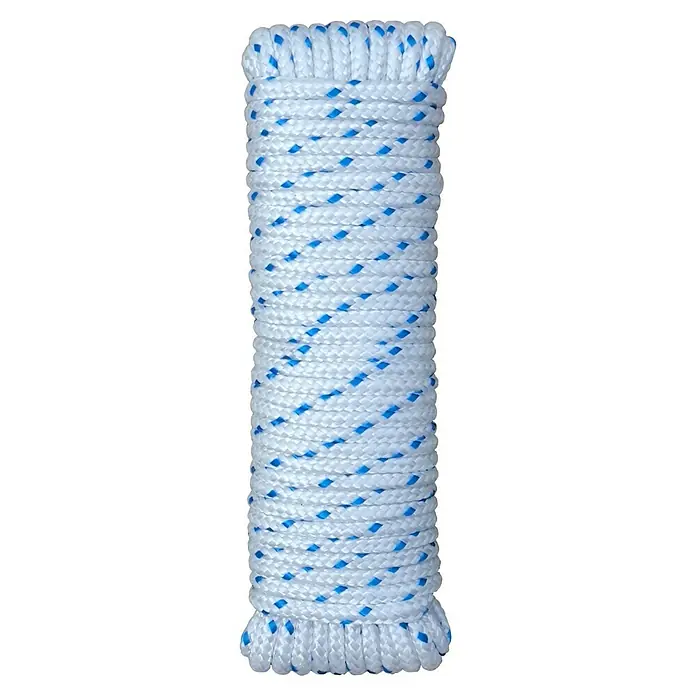 Cuerda - 5 mm x 10 m, Poliéster, Blanco/Azul, Carga soportada: 350 kg - Primer plano de una cuerda blanca con detalles azules, enrollada cuidadosamente. Es un producto duradero y versátil.
