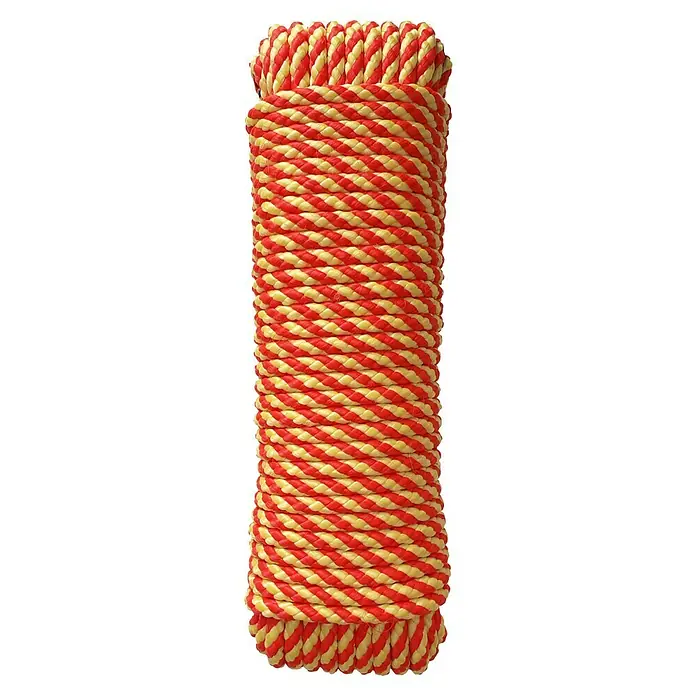 Cuerda - 6 mm x 25 m, Plástico, Rojo/Amarillo, Carga soportada: 400 kg - Una cuerda de dos tonos, roja y amarilla, enrollada en espiral alrededor de un núcleo, mostrando una textura robusta.