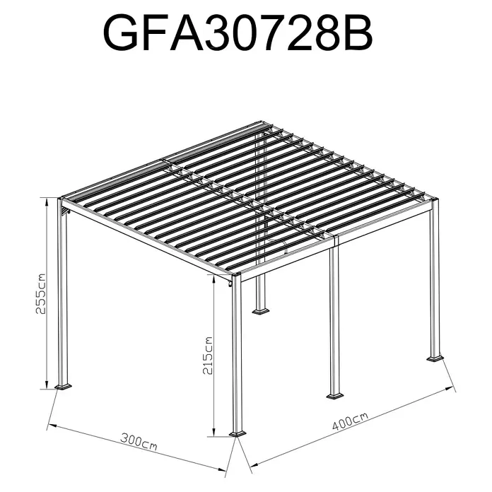 Sunfun Anstellpavillon Palma - B x T: 400 x 300 cm, Anthrazit, Aluminium - GFA30728B: Darstellung einer Pergola mit den Maßen 300 cm x 400 cm und einer Höhe von 255 cm, während die Pfosten 215 cm hoch sind.