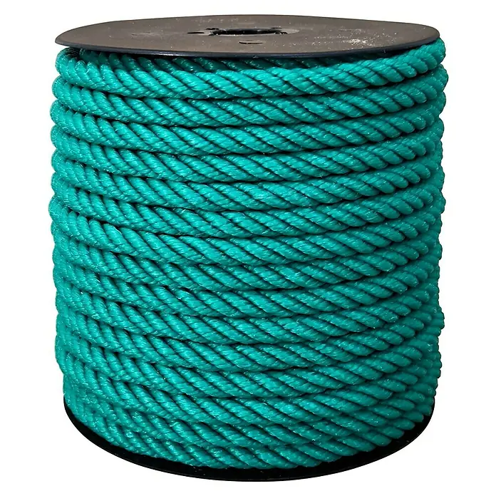 Cuerda - 10 mm x 25 m, Plástico, Verde, Carga soportada: 700 kg - Primer plano de un carrete de cuerda de nailon turquesa, enrollada cuidadosamente en un carrete negro. Perfecta para varias aplicaciones.