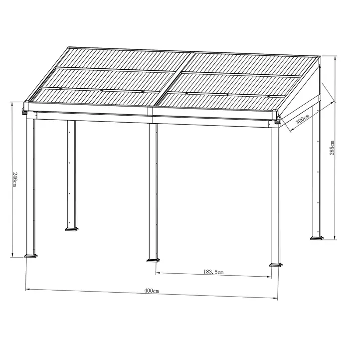 Sunfun Anstellpavillon Ibiza - B x T: 400 x 300 cm, Farbe Gestell: Anthrazit, Aluminium - Technische Zeichnung eines Pavillons mit Abmessungen, die die Höhe, Breite und Tiefe der Struktur zeigen.