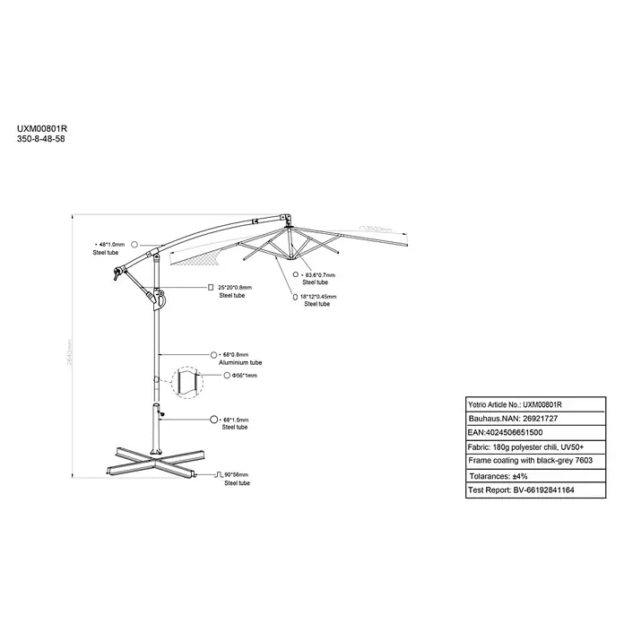 Sunfun Ampelschirm Toscana - Anthrazit, Durchmesser Bespannung: 350 cm - Darstellung eines UXM00801R Sonnenschirms mit Maßen und Materialangaben, ideal für den Garten.
