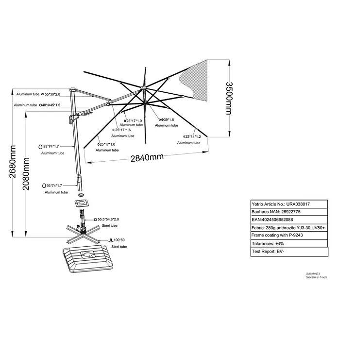 Sunfun Ampelschirm Capri - Anthrazit, Bespannungsmaß (L x B): 300 x 350 cm - Technische Zeichnung eines Sonnenschirms mit Maßangaben und Materialbezeichnungen, inklusive Sockel und Schirmdetails.