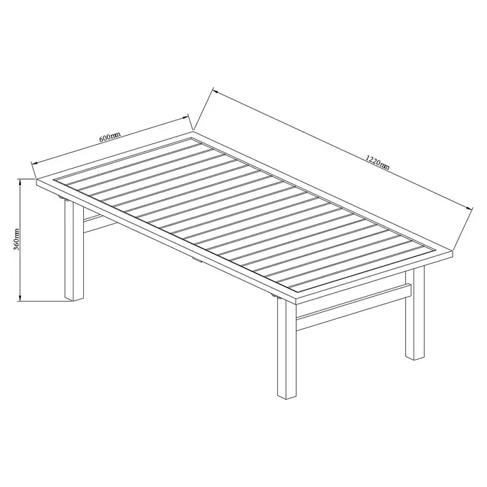 Sunfun Maja Garten-Couchtisch - L x B x H: 122 x 60 x 36 cm, Anthrazit - Zeichnung eines Gartentisches mit den Maßen 1220mm Länge, 600mm Breite und 360mm Höhe.