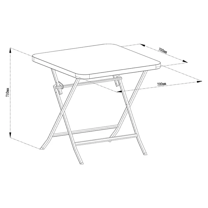 Sunfun Maja Balkontisch - L x B x H: 70 x 70 x 71 cm, Stahl, Klappbar, Eckig, Anthrazit - Bild einer skizzenhaften Darstellung eines Klapptisches mit den Maßen 700x700x710 mm.