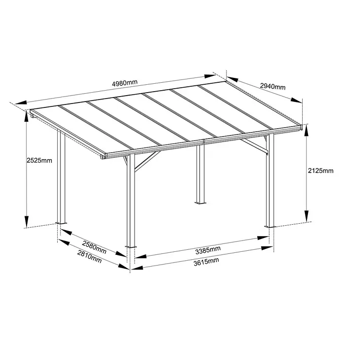 Carport Andy - Außenmaß inkl. Dachüberstand (B x T): 498 x 294 cm, Einzelcarport, Anthrazit - Abbildung einer Terrassenüberdachung mit Maßangaben zu Länge, Breite und Höhe. Die Grafik zeigt detaillierte Produktabmessungen.